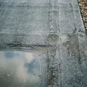 Verouderd bitumenmembraan op plat dak met oppervlaktescheuren en stilstaand water in lage hoek, grindrand zichtbaar aan de zijkant.