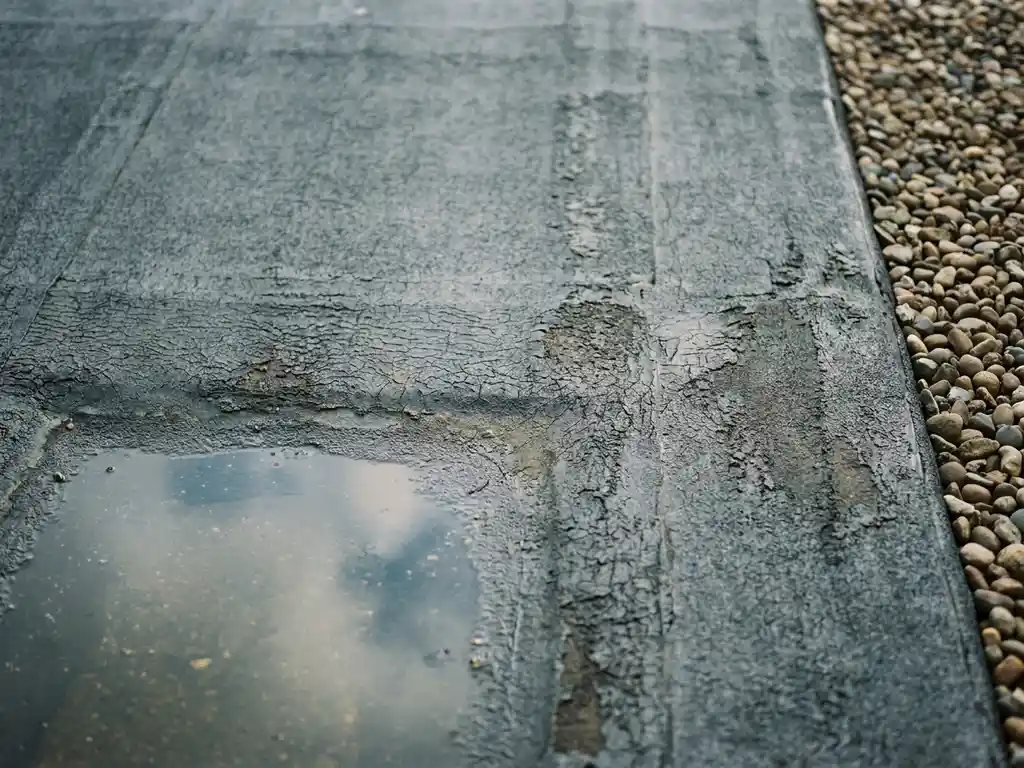 Verouderd bitumenmembraan op plat dak met oppervlaktescheuren en stilstaand water in lage hoek, grindrand zichtbaar aan de zijkant.