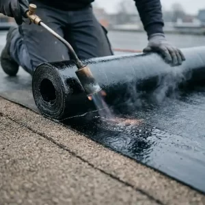 Bitumenmembraan dat met een gasbrander op een plat dak wordt aangebracht, met zichtbare stoom langs de naad en grindsubstraat aan de rand.