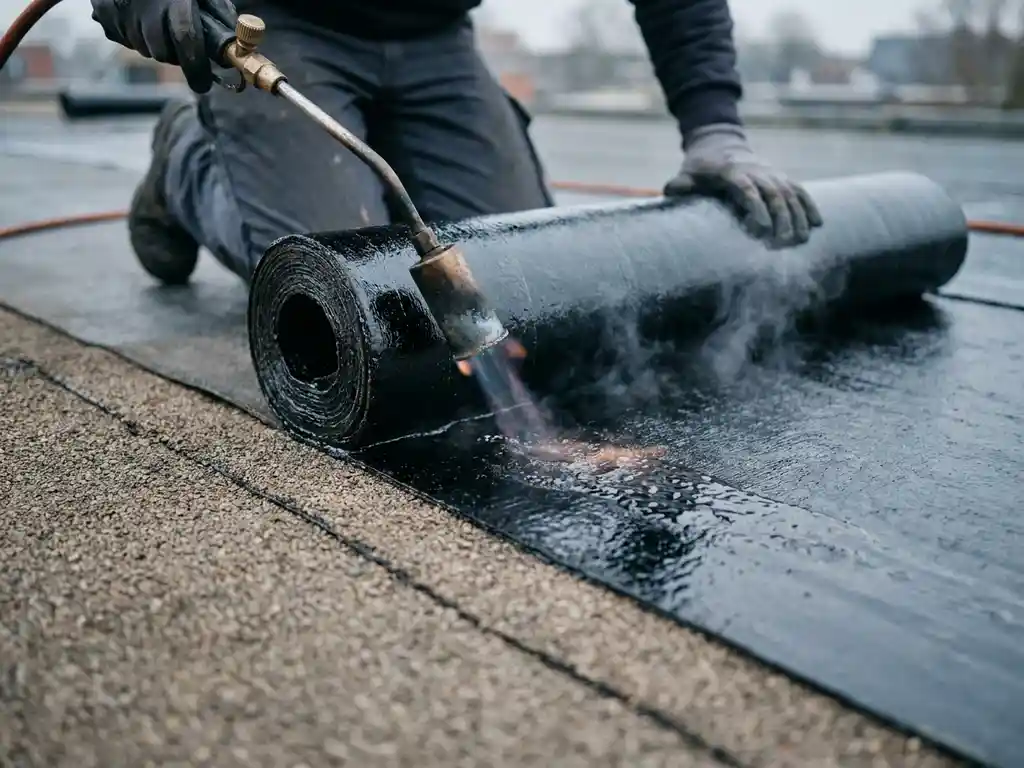 Bitumenmembraan dat met een gasbrander op een plat dak wordt aangebracht, met zichtbare stoom langs de naad en grindsubstraat aan de rand.