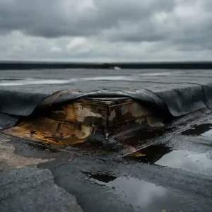 Opgelichte bitumenmembraan op commercieel plat dak met zichtbare vochtschade, grijze bewolkte lucht en plassen op het dakoppervlak.