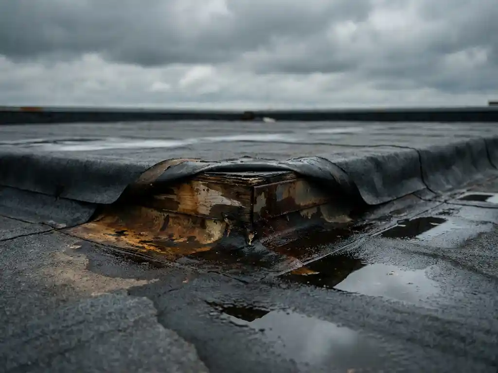 Opgelichte bitumenmembraan op commercieel plat dak met zichtbare vochtschade, grijze bewolkte lucht en plassen op het dakoppervlak.