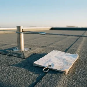 Veiligheidsanker met stalen kabellifeline op plat bitumen dak onder Nederlandse lucht, met technisch inspectierapport en karabijnhaak.