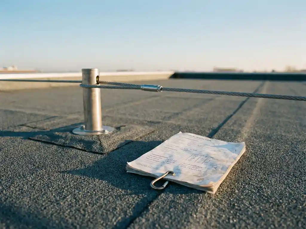 Veiligheidsanker met stalen kabellifeline op plat bitumen dak onder Nederlandse lucht, met technisch inspectierapport en karabijnhaak.