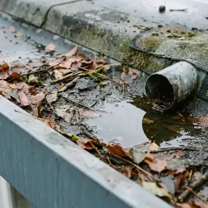 Verstopte dakgoot op plat commercieel dak vol herfstbladeren en stilstaand water bij een afvoerpijp.