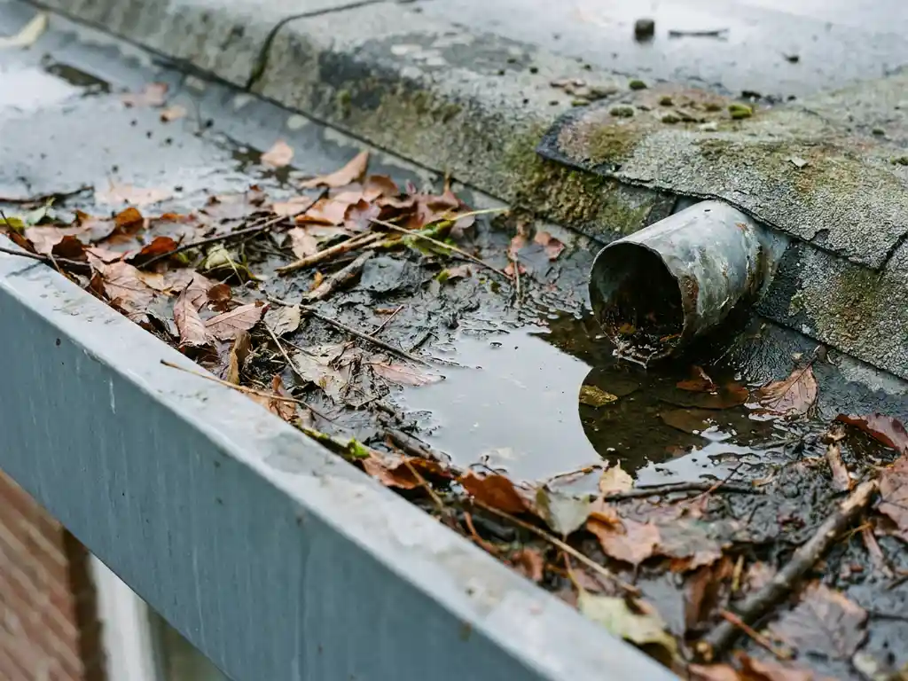 Verstopte dakgoot op plat commercieel dak vol herfstbladeren en stilstaand water bij een afvoerpijp.