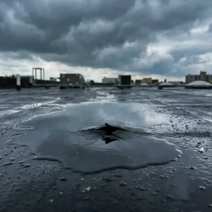 Waterplassen op een plat commercieel dak rond een scheur in het bitumenmembraan, met donkere regenwolken boven het natte dakoppervlak.