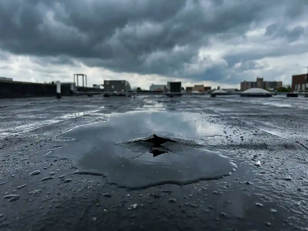 Waterplassen op een plat commercieel dak rond een scheur in het bitumenmembraan, met donkere regenwolken boven het natte dakoppervlak.