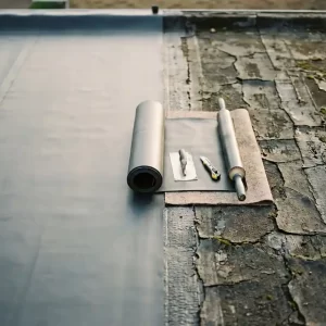 Plat dak halverwege renovatie: nieuwe EPDM-membraan naast verweerde bitumen met scheuren, dakgereedschap zichtbaar bij de naad.