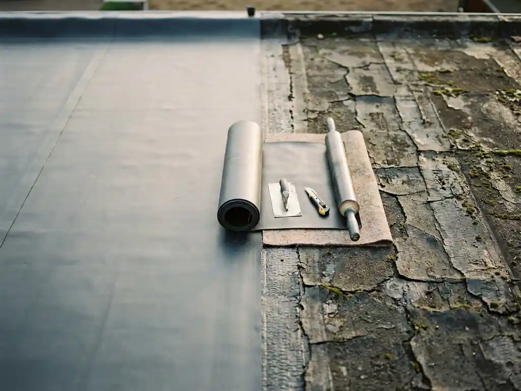 Plat dak halverwege renovatie: nieuwe EPDM-membraan naast verweerde bitumen met scheuren, dakgereedschap zichtbaar bij de naad.