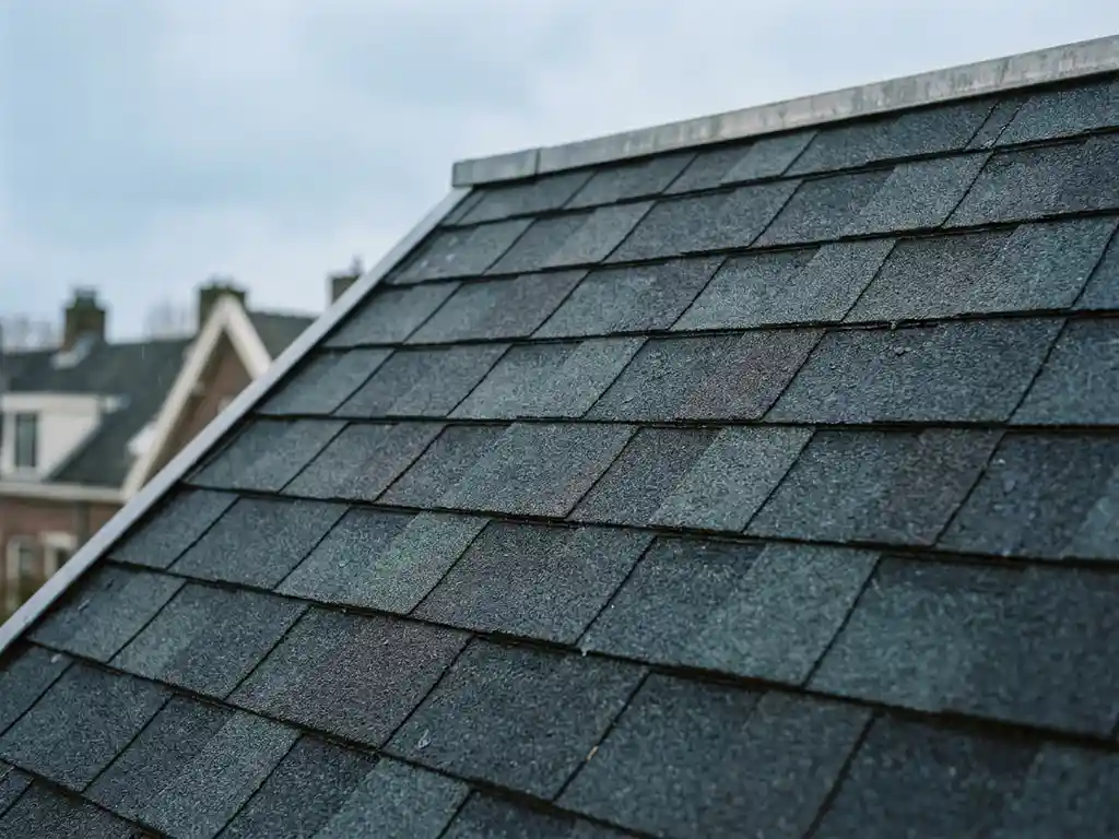 Donkere antraciet dakshingles op een Nederlands woonhuis, met overlappende lagen en gedetailleerde asfaltstructuur tegen een bewolkte lucht.