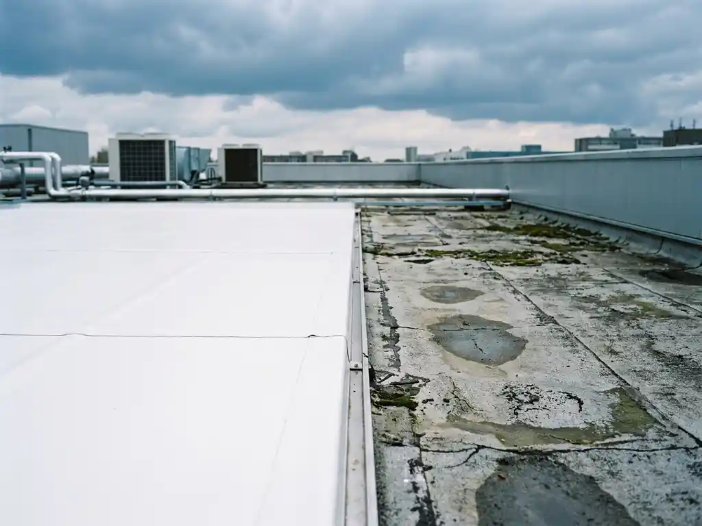 Industrieel plat dak met nieuw wit membraan naast verouderd grijs bitumen dakbedekking, bewolkte Nederlandse lucht.