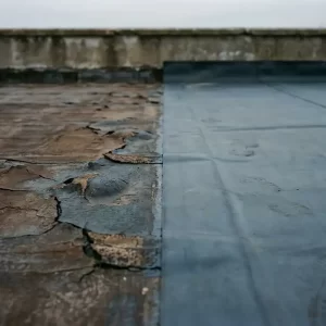 Verweerd plat dak met gebarsten bitumenmembraan naast nieuw geïnstalleerd EPDM dakbedekking, dakrand zichtbaar op achtergrond.