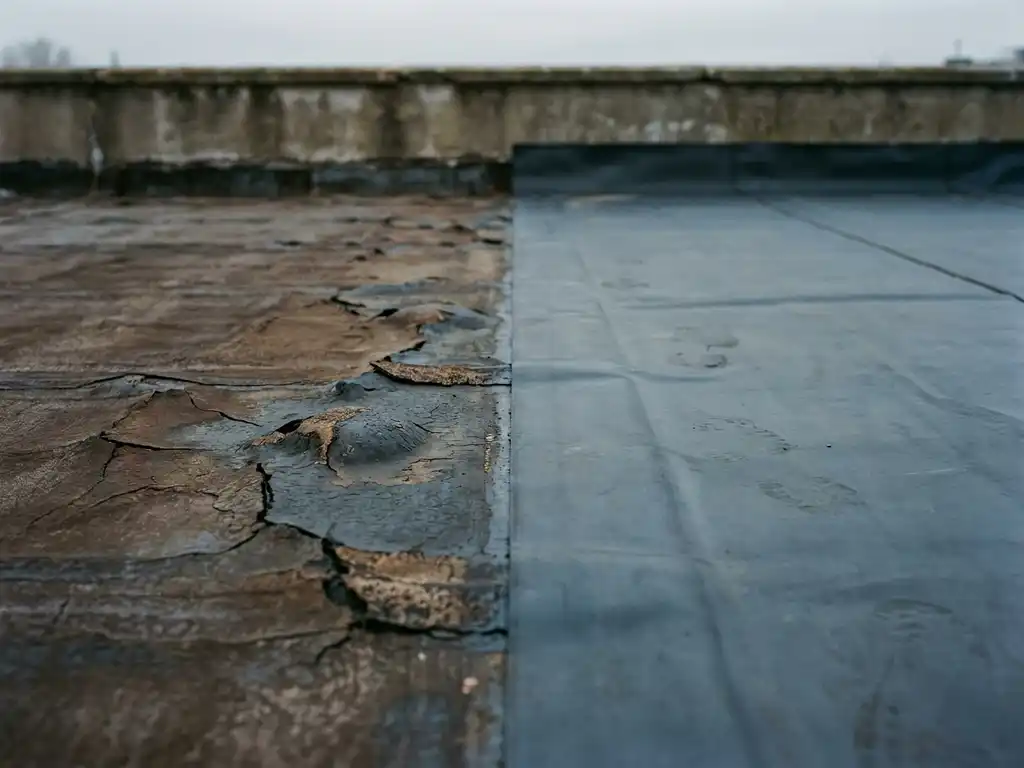 Verweerd plat dak met gebarsten bitumenmembraan naast nieuw geïnstalleerd EPDM dakbedekking, dakrand zichtbaar op achtergrond.