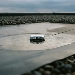 Chromen afvoerpunt in grijze EPDM-dakbedekking met lichte wateropstand en grindrand op plat dak, bewolkte lucht weerspiegeld in het water.