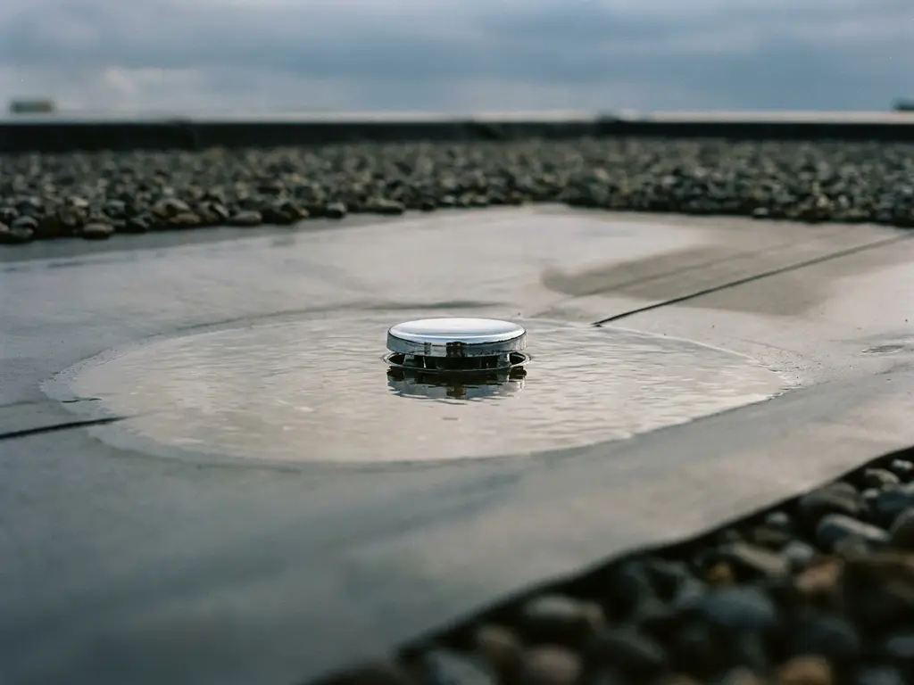 Chromen afvoerpunt in grijze EPDM-dakbedekking met lichte wateropstand en grindrand op plat dak, bewolkte lucht weerspiegeld in het water.
