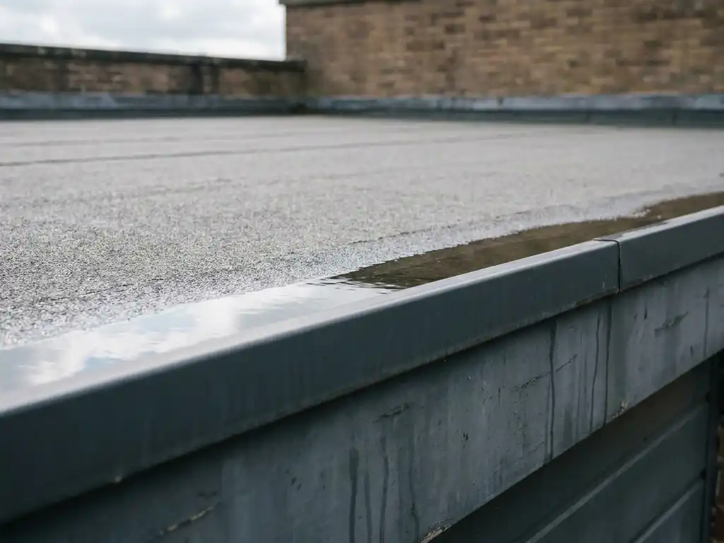 Aluminium dakgoot langs bitumen platdak met staand water dat bewolkte Nederlandse lucht weerspiegelt, waterstrepen op de dakrand zichtbaar.