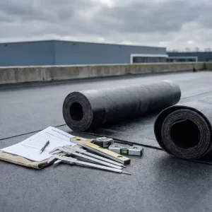 Plat commercieel dak met bitumenmembraan, meetgereedschap en inspectielijst onder bewolkte Nederlandse lucht.