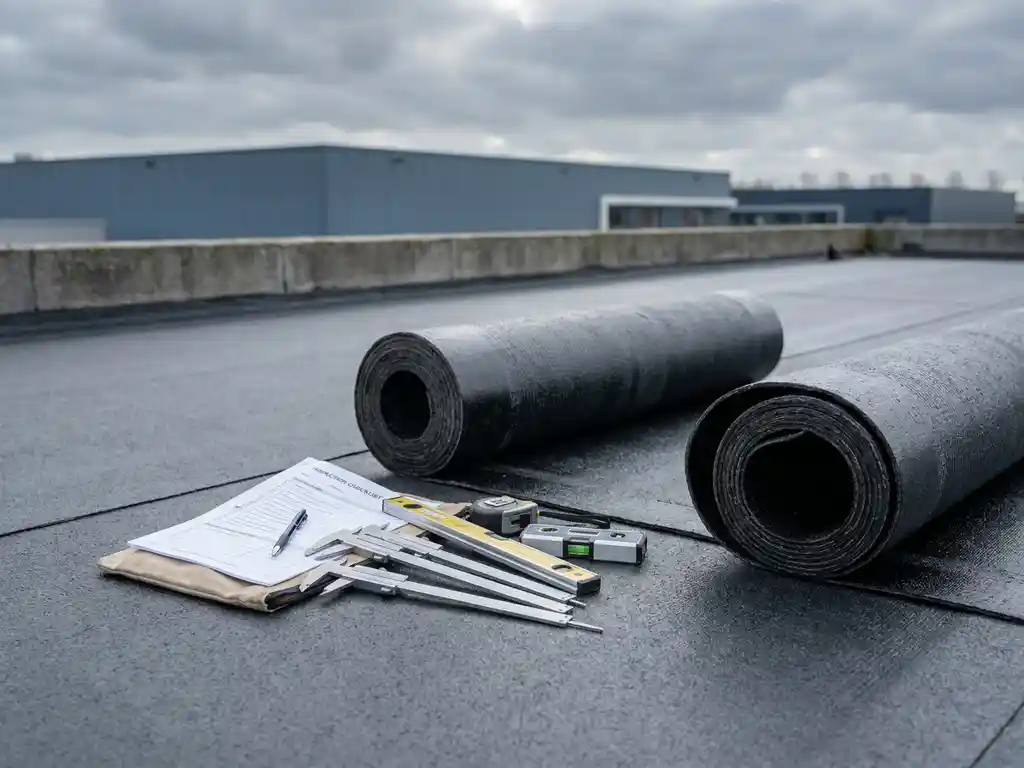 Plat commercieel dak met bitumenmembraan, meetgereedschap en inspectielijst onder bewolkte Nederlandse lucht.