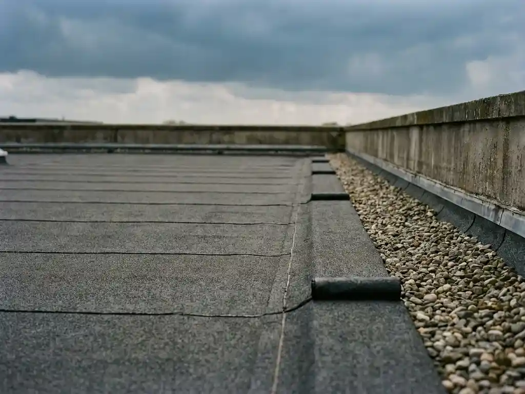 Commercieel plat dak met vers aangebrachte bitumen dakbedekking, zorgvuldig afgewerkte naden en grindrand onder bewolkte lucht.