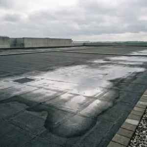 Commercieel plat dak met bitumen membraan, grindrand en afvoerputjes onder bewolkte Noord-Europese lucht.