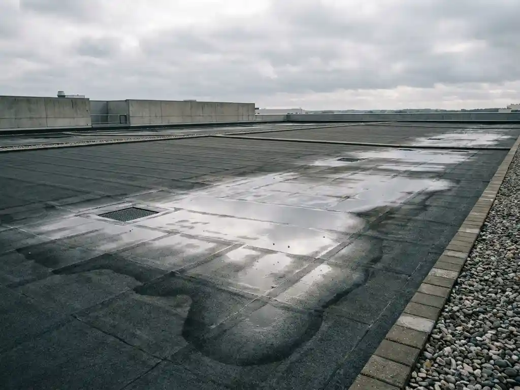 Commercieel plat dak met bitumen membraan, grindrand en afvoerputjes onder bewolkte Noord-Europese lucht.
