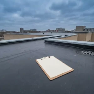 Commercieel plat dak met donkere bitumenmembraan, metalen randafwerking en klembord onder bewolkte Nederlandse lucht.