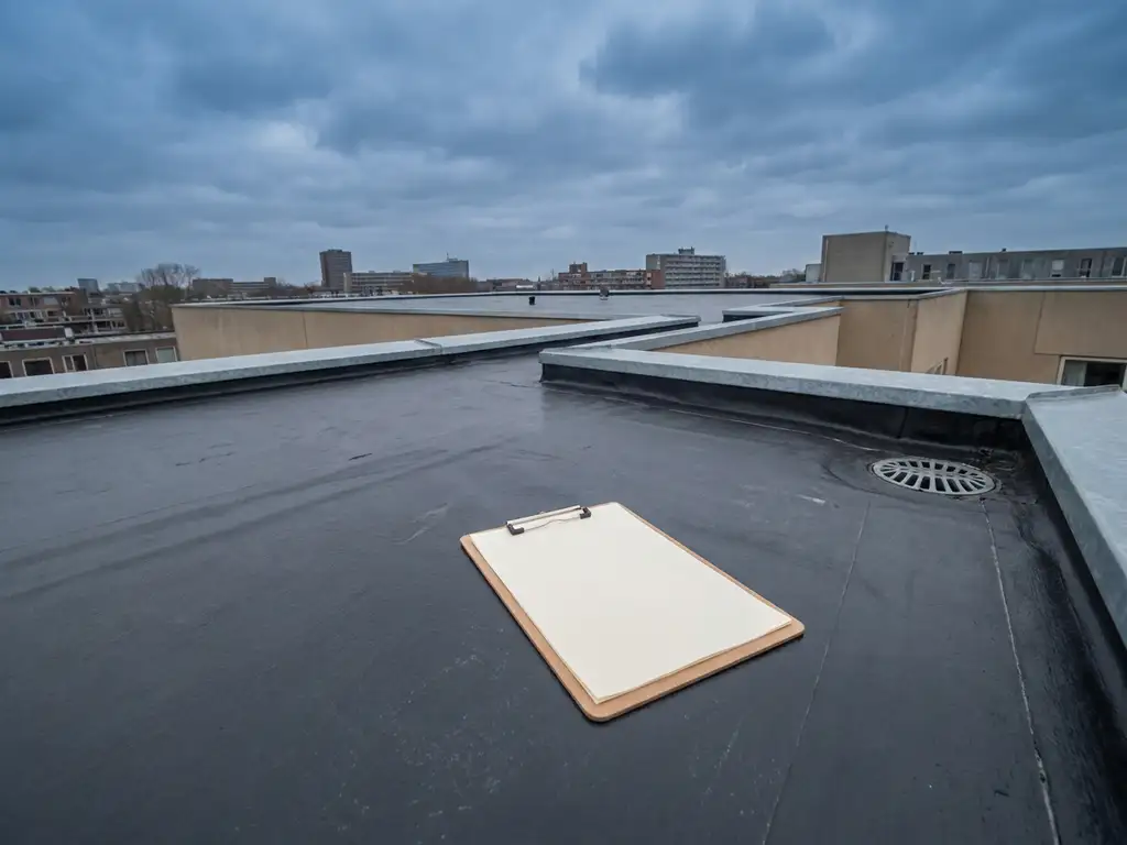 Commercieel plat dak met donkere bitumenmembraan, metalen randafwerking en klembord onder bewolkte Nederlandse lucht.