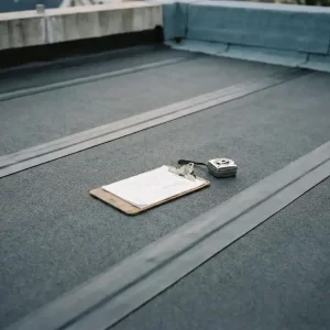 Nieuw aangelegd plat dak met gladde bitumenmembraan in parallelle banen, inspectieklembord en meetgereedschap op het oppervlak.