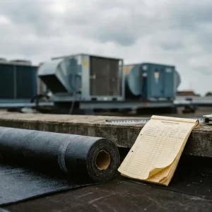 Vers bitumenmembraan op plat dak met onderhoudsplanning en meetlint, industriële HVAC-units op de achtergrond, bewolkte Nederlandse lucht.