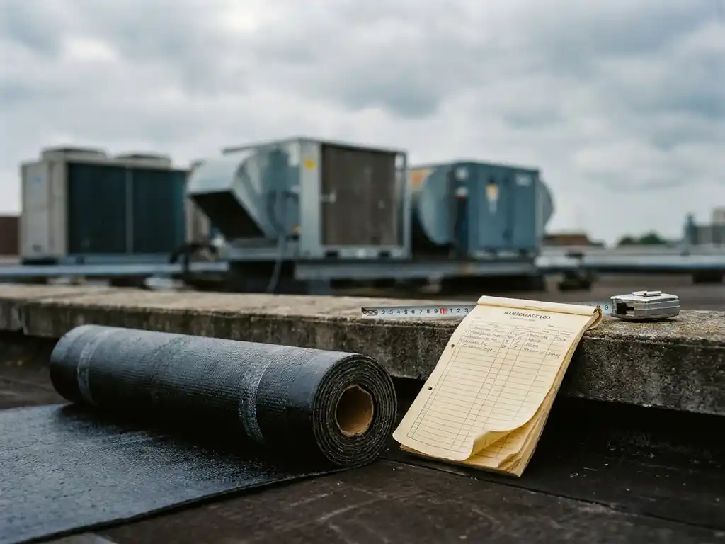 Vers bitumenmembraan op plat dak met onderhoudsplanning en meetlint, industriële HVAC-units op de achtergrond, bewolkte Nederlandse lucht.