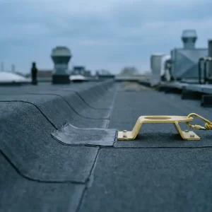 Plat dak met donkere bitumineuze membraanvoegen en geel veiligheidsanker, bewolkte Nederlandse lucht op de achtergrond.