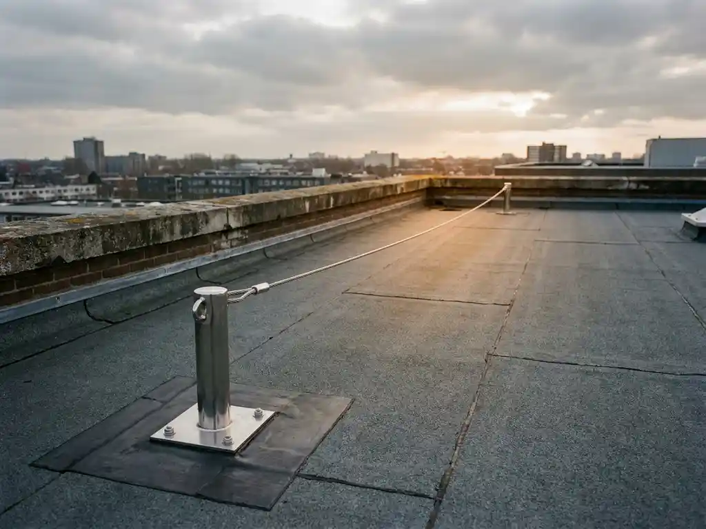 Plat commercieel dak met bitumineuze dakbedekking, roestvrijstalen verankeringsanker en gespannen veiligheidslijn onder bewolkte Nederlandse lucht.
