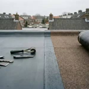 Naad tussen EPDM-rubber en bitumen dakbedekking op plat dak, gereedschap op dakoppervlak, stedelijke achtergrond.