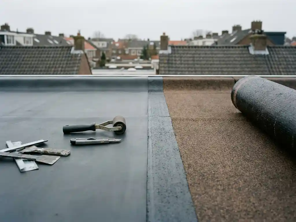 Naad tussen EPDM-rubber en bitumen dakbedekking op plat dak, gereedschap op dakoppervlak, stedelijke achtergrond.