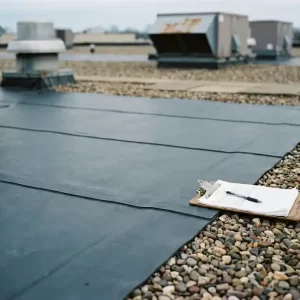 Inspectie van EPDM-membraan op plat dak met nauwkeurig uitgelijnde naden, klembord en grindrand op industrieel dak.