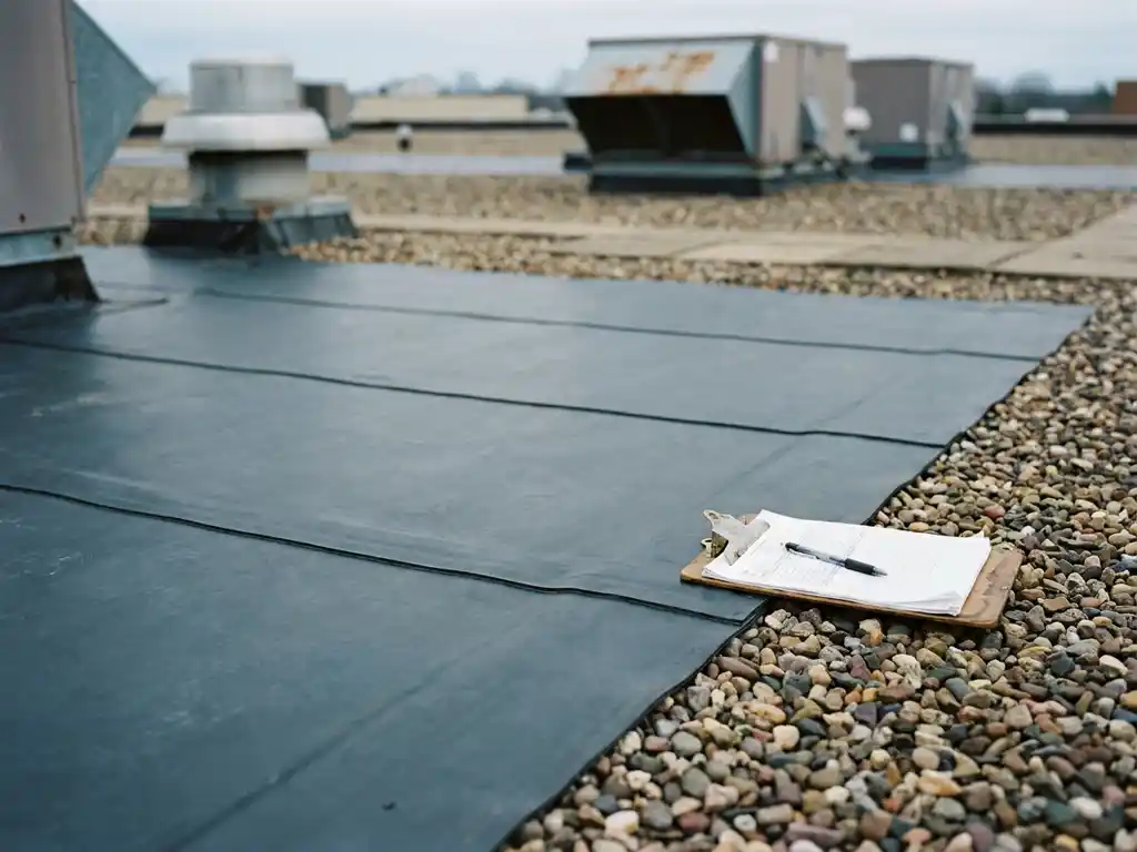 Inspectie van EPDM-membraan op plat dak met nauwkeurig uitgelijnde naden, klembord en grindrand op industrieel dak.