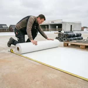 Witte EPDM-dakfolie die wordt uitgerold op een betonnen plat dak in aanbouw, met gestapelde dakbedekkingsmaterialen en meetlint.