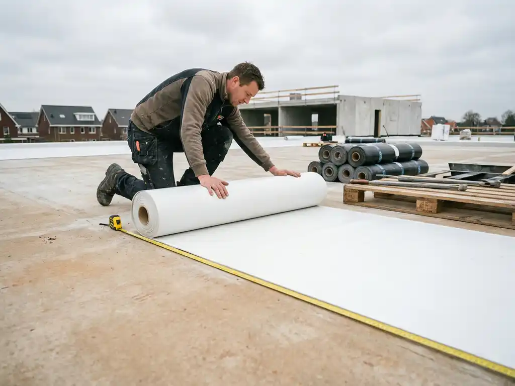 Witte EPDM-dakfolie die wordt uitgerold op een betonnen plat dak in aanbouw, met gestapelde dakbedekkingsmaterialen en meetlint.