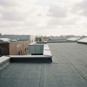 Nieuw aangelegd EPDM-dakmembraan op commercieel plat dak met strakke naden en randafwerking onder bewolkte Nederlandse lucht.