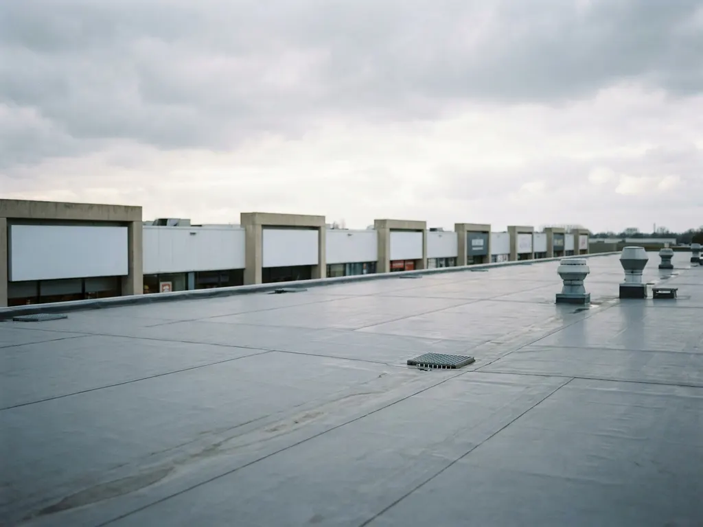Groot plat commercieel dak met grijze EPDM-membraan, afvoerputten en ventilatieopeningen, winkelgevels zichtbaar op straatniveau.