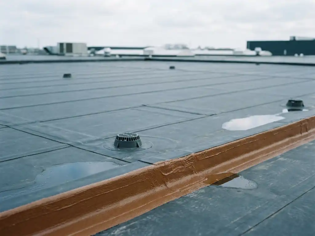 Plat EPDM-dak van een commercieel gebouw met zichtbare naden, afvoerpunten en vers afgewerkte dakrand in bewolkt daglicht.