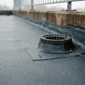 Plat dak met EPDM-membraan, naden en bitumendetaillering rondom een dakafvoer, lichte dauwlaag zichtbaar in zacht Nederlands daglicht.