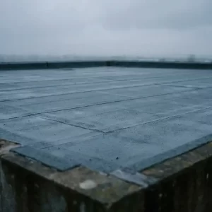Plat dak bekleed met donkergrijs EPDM-membraan, met zichtbare naden onder een bewolkte Nederlandse lucht.