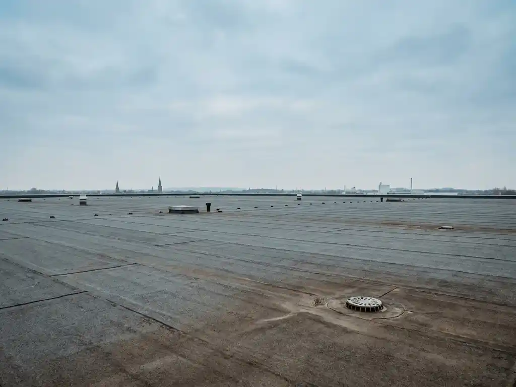 Uitgestrekt EPDM-dakoppervlak van een commercieel gebouw met zichtbare naden en afvoerpunten onder bewolkte Nederlandse lucht.