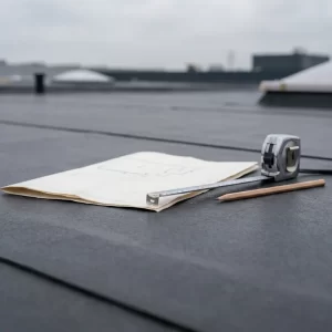 Plat commercieel dak met EPDM-membraan, meetlint en potlood naast een gevouwen document, onder bewolkte Nederlandse lucht.