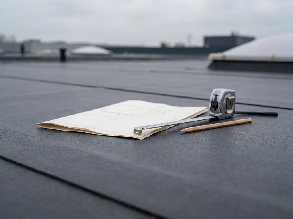 Plat commercieel dak met EPDM-membraan, meetlint en potlood naast een gevouwen document, onder bewolkte Nederlandse lucht.