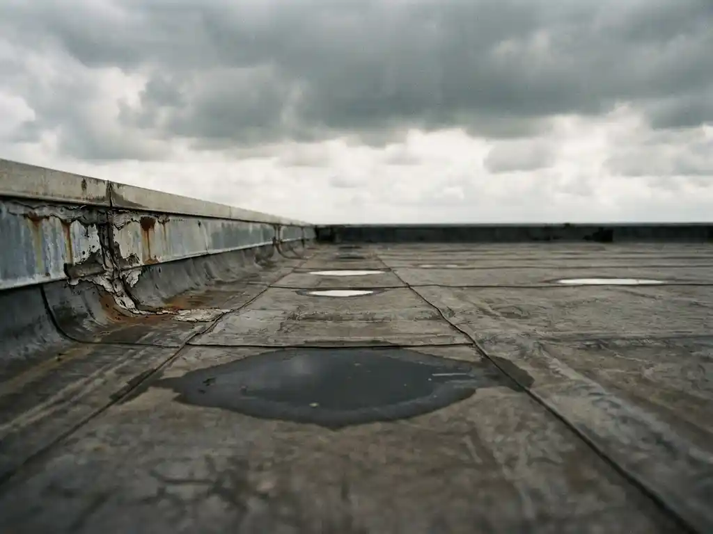 Verweerde EPDM-dakbedekking op commercieel plat dak met naadlijnen, waterplassen en gesleten dakranddetails onder bewolkte Nederlandse lucht.