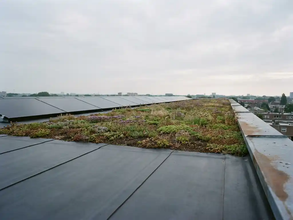 Plat dak met EPDM-membraan, sedum begroeide dakbedekking en flush-gemonteerde zonnepanelen onder bewolkte Nederlandse lucht.