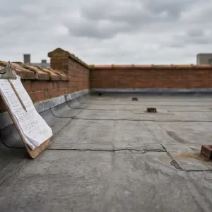 Verweerd EPDM-dakvlak met zichtbare naden en afvoerpunten, inspectieklembord tegen terracotta gemetselde dakrandmuur onder bewolkte lucht.